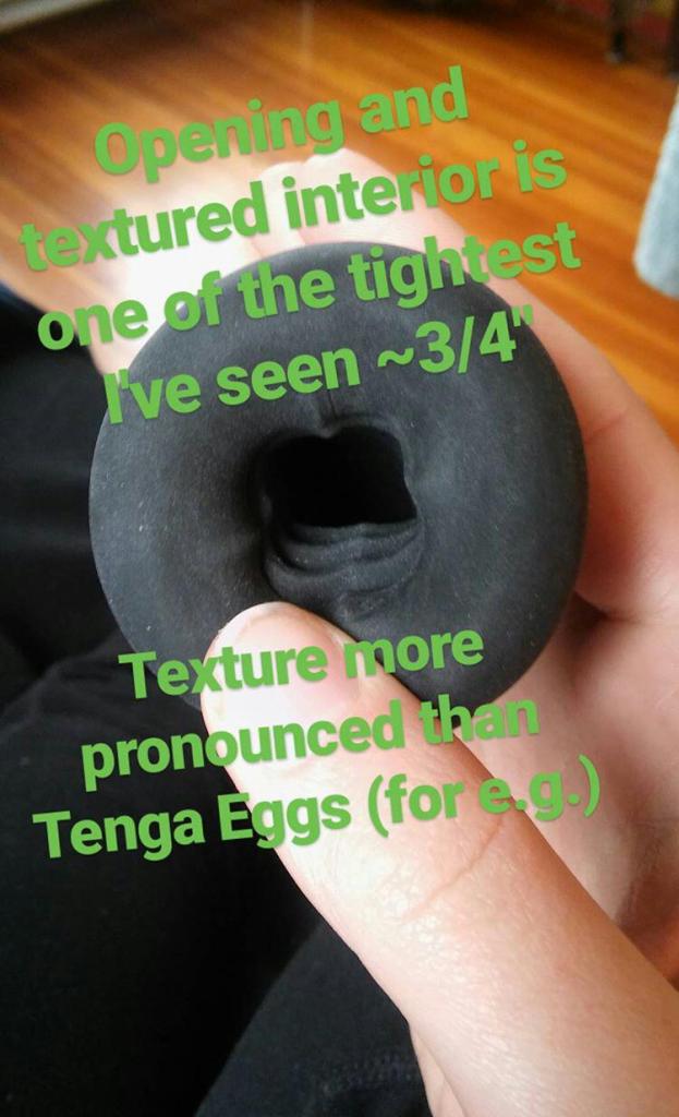 Shot of Buck-Off's opening with text on size (~3.4") and comparison to Tenga Eggs (more pronounced texture)